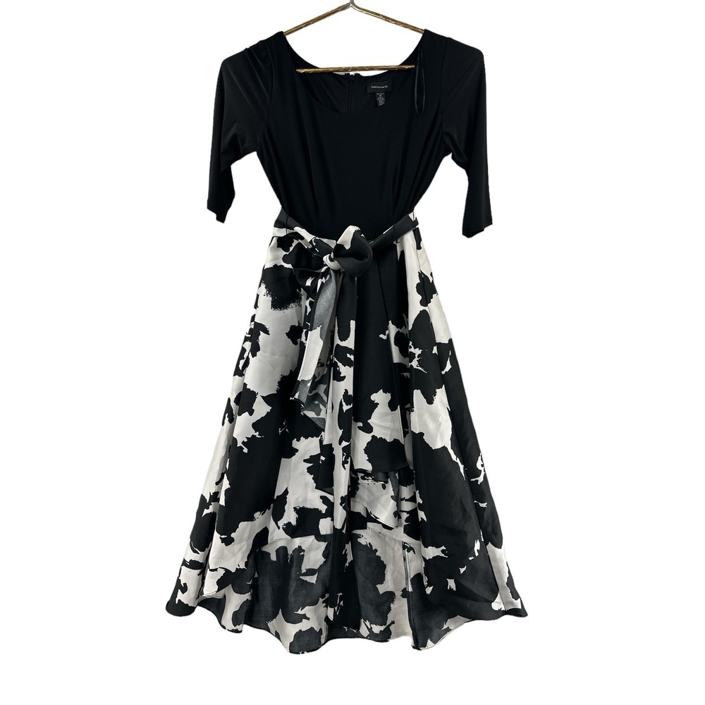 R&M Richards Fit & Flare Dress Women 12 Black White High Low Belted - Picture 2 of 8